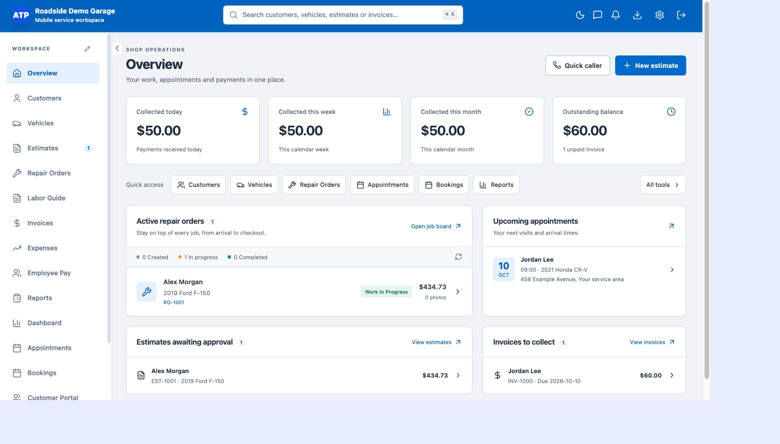 ATP Shop overview showing active repair orders, appointments, and invoice balances with example business data